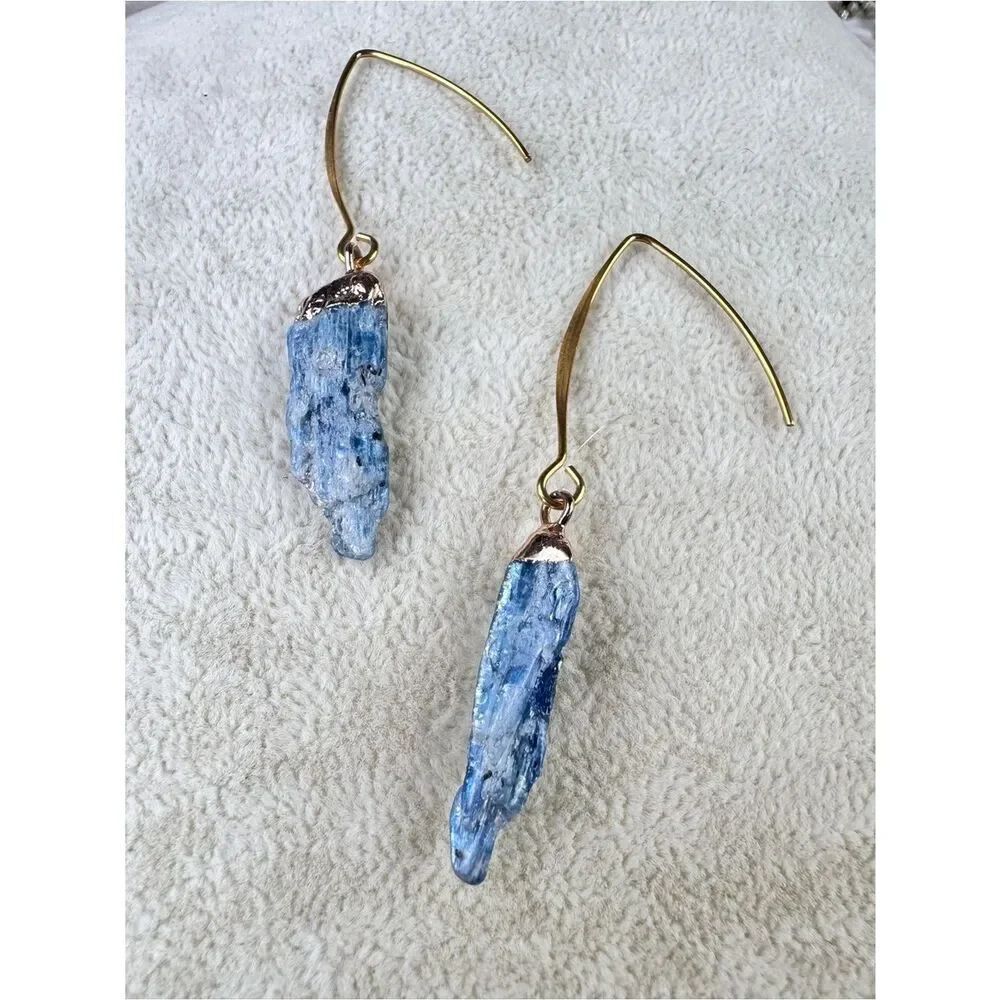 Blue Kyanite Raw Stone Drop Earrings - Gold Hooks